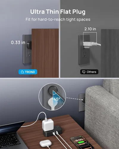 Vista 6 de TROND Regleta de alimentación de enchufe plano de 3 pies, cable de extensión plano pequeño con múltiples tomas, 4 puertos de CA y 4 puertos USB
