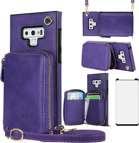 Vista 10 de Asuwish Funda de teléfono para Samsung Galaxy Note 9 con protector de pantalla de vidrio templado y soporte para tarjetas con cremallera, soporte