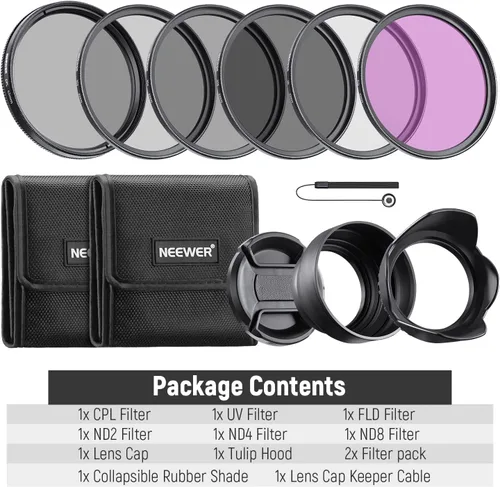 Vista 24 de NEEWER Paquete de filtro ND de 40,5 mm y accesorios para lentes, kit de filtros ND2 ND4 ND8 UV FLD CPL con tapa de lente