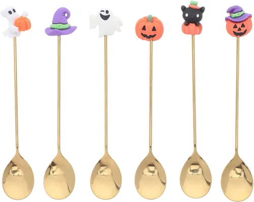 Vista 10 de UPKOCH Juego de 6 cucharas de calabaza de Halloween con forma de calabaza de acero inoxidable para café y postre de 4.9 pulgadas, utensilios