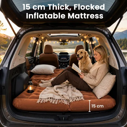 Vista 2 de Cama inflable de colchón de aire SUV, cama de camping de viaje flocado con bomba de aire (naranja)