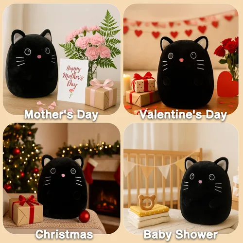 Vista 8 de WEIGEDU Gatito negro de peluche con ojos bordados para niño y niña, decoración de Halloween, cojín de almohada, sofá, regalos de inauguración