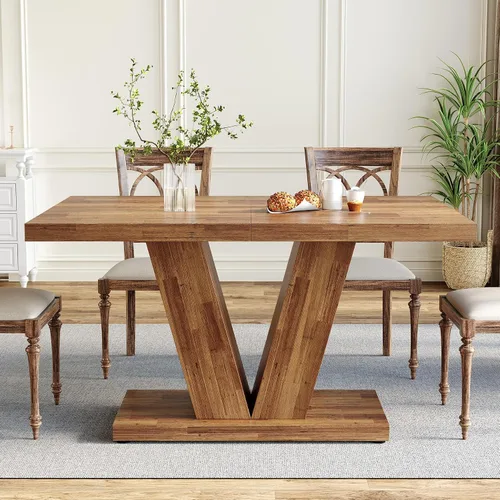 Vista 4 de LITTLE TREE Mesa de comedor de 47 pulgadas para 4, mesas de comedor modernas, mesa de cocina rectangular marrón con pedestal en forma de V, mesa