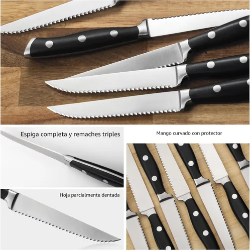 Vista 2 de Alata Juego de cuchillos para carne de 8 piezas, 4.7 pulgadas con borde dentado, cuchillos afilados para cena, construcción de espiga completa Negro