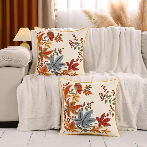 Vista 9 de Juego de 2 fundas de almohada bordadas de otoño de 16 x 16 pulgadas, diseño de pájaros vintage Hojas de arce, tela duradera, decoración bohemia