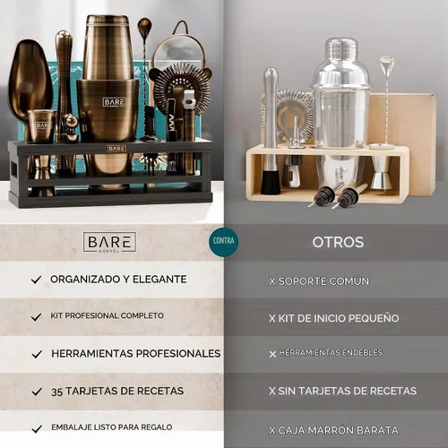 Vista 6 de BARE BARREL® Kit de Barman para Mixología Juego de Herramientas de Bar Juego de Coctelera de 16 Piezas Utensilios de Mezcla de Martini