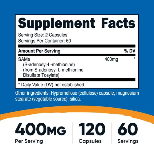 Vista 2 de Nutricost SAM-e (S-Adenosil-L-Metionina) 400 mg por porción, 60 porciones, 200 mg por cápsula, 120 cápsulas – Sin OMG, Sin gluten Same, Vegetariano