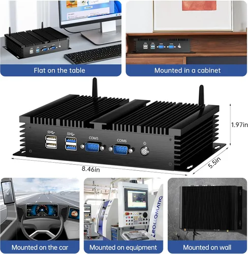 Vista 7 de Mini PC industrial, computadora de escritorio sin ventilador Celeron 2955U 1.4GHz, Windows 10 Pro, 8 GB de RAM, 128 GB SSD, 2xNIC, 6 x COM RS232, 4