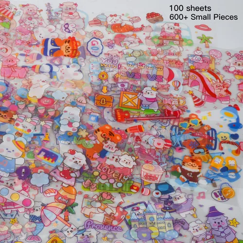 Vista 2 de Conjunto de calcomanías lindas de animales (100 hojas) - Kawaii transparentes de PET de dibujos animados decorativos para álbum de recortes, diario