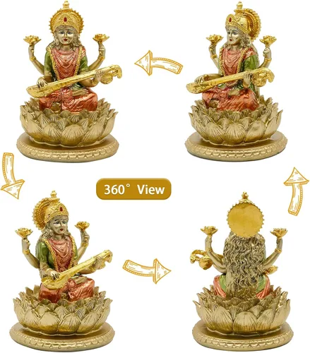 Vista 2 de alikiki Ídolo de Saraswati de la diosa hindú, 6.5 pulgadas de alto, conocimiento, música, artes, diosa Sarswati, estatua india Diwali, regalos