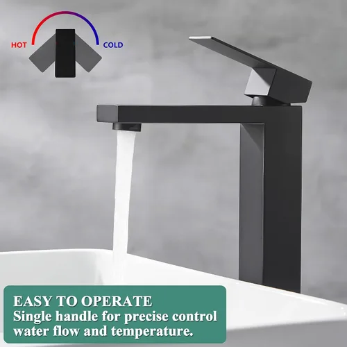 Vista 3 de Tohlar Grifo de lavabo de recipiente negro, grifo de baño alto, moderno grifo de fregadero negro de una sola manija para montaje en cubierta de 1