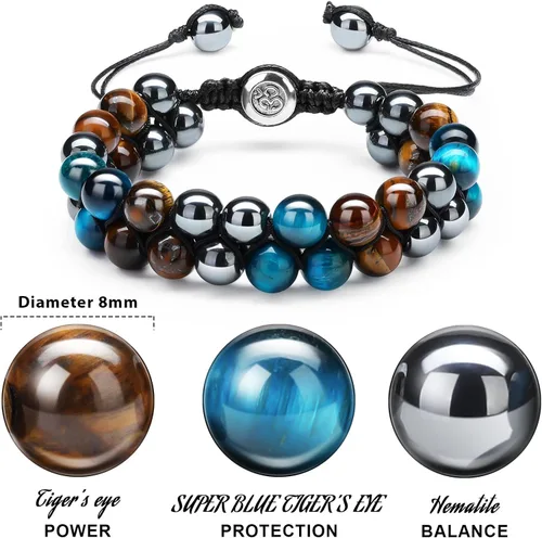 Vista 2 de 2 pulseras de cuentas de roca de lava, pulsera de triple protección, pulsera de hematita, obsidiana negra, ojo de tigre, pulsera de cuentas