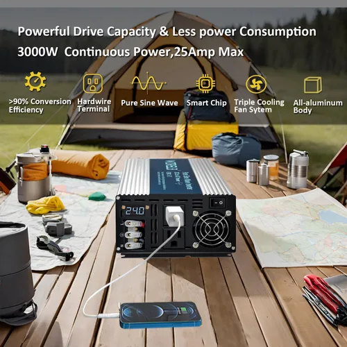 Vista 2 de WZRELB 2500W Inversor de onda sinusoidal pura 12V DC a 110V 120V AC con pantalla LED, terminal de cableado duro, inversor de potencia portátil fuera