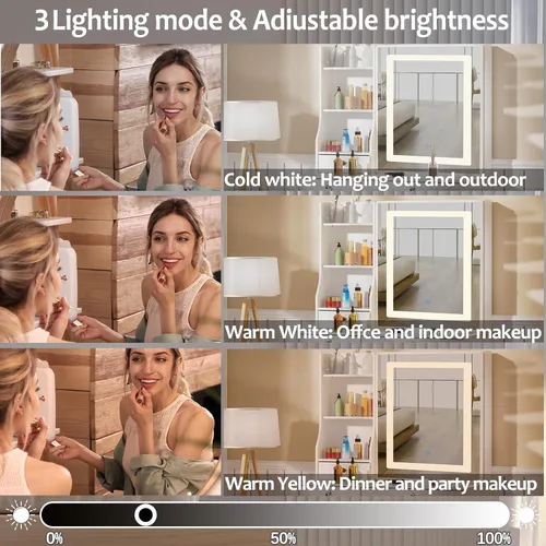 Vista 2 de JBLCC Escritorio de tocador con espejo LED deslizante y luces, juego de tocador blanco con taburete y cajones, brillo de luz de 3 colores ajustable