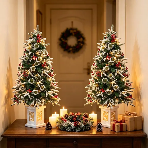 Vista 8 de Árbol de Navidad artificial preiluminado de 3 pies con base vintage en Árbol de abeto de Navidad iluminado con luces LED, funciona con pilas y 8