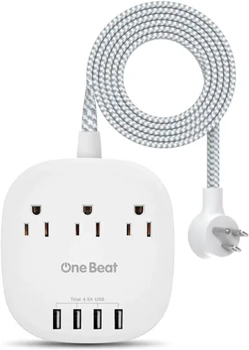 Vista 10 de Cruise Essentials 2025, regleta de viaje One Beat con 3 tomas, 4 puertos USB 3.1A, cables de extensión de enchufe plano de 3 pies, estación de carga