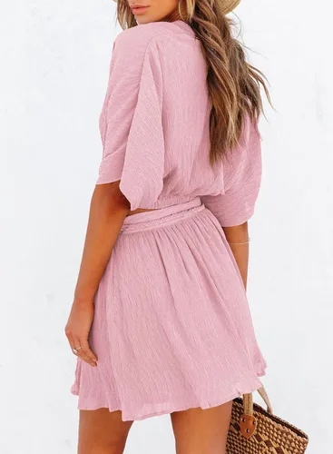 Vista 4 de Dokotoo Trajes de vacaciones para mujer, cuello en V, manga de murciélago, falda con abertura lateral, conjuntos de falda fluida para mujer, trajes