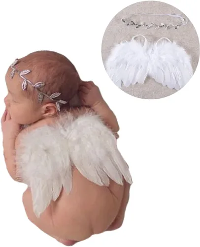 Vista 3 de Nishine Paquete de 2 alas de ángel de plumas blancas para recién nacidos, juego de diadema para bebé, cosplay, niñas, disfraz de fotografía