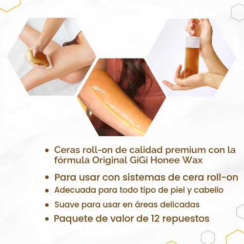 Vista 4 de GiGi Cera de depilación Roll-On Honee multiusos, fácil y rápida, recarga de cera suave, 2.8 oz., paquete de 12