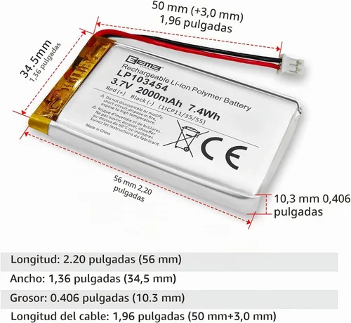 Vista 5 de EEMB 3.7V 103454 2000mAh Lipo Batería recargable JST2.0 Conector 1 paquete