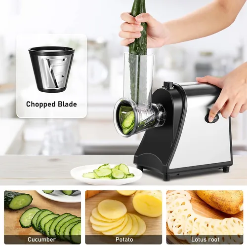 Vista 5 de Rallador eléctrico de queso, máquina de ensalada con 5 cuchillas diferentes, trituradora eléctrica de 250 W para uso en la cocina del hogar