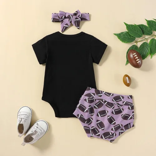 Vista 3 de Ropa de verano para bebé niña, traje de fútbol, manga corta, mameluco de manga corta, conjunto de pantalones cortos elásticos para recién nacidos