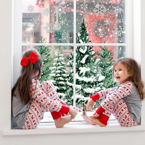 Vista 2 de JarThenaAMCS Calcomanías de Ventana de Navidad Árbol de Navidad Copo de Nieve Pegatinas de Ventana Bosque Nevado de Doble Cara Calcomanías de Vidrio
