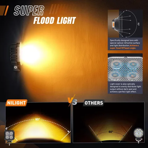 Vista 3 de Nilight 2 unidades de focos LED ámbar cuadrados de 3 pulgadas y 15W con EMC integrado, haz de luz de inundación para iluminación todoterreno, luz