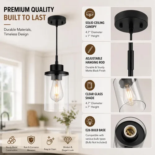 Vista 3 de Moderna Lámpara Colgante de Granja Negra de Vidrio Transparente Cilíndrico, Iluminación Colgante de Metal Industrial Mini para Isla de Cocina, Mesa