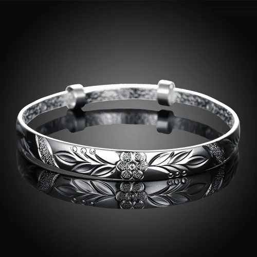 Vista 4 de Yuren Pulsera de plata de ley 925 tallada con flor de fu, 0.62 oz, peso 2.6 in, para regalo de boda