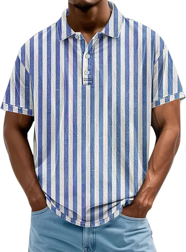 Vista 21 de Camisa polo de manga corta para hombre, camiseta de golf a rayas, de manga corta, para vacaciones, casual, cuello en V, camiseta de verano