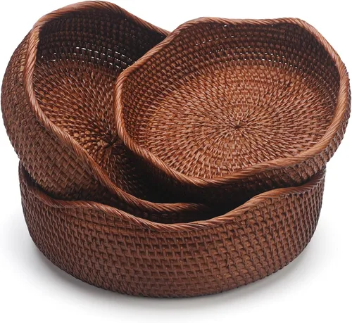 Vista 10 de YANGQIHOME Cesta de pan de ratán, cestas de frutas redondas, cuencos de almacenamiento de mimbre, cuencos de cesta de servicio tejida natural