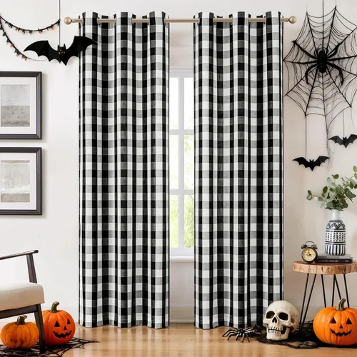 Vista 35 de Amzdecor Cortinas a cuadros con ojales de búfalo de 54 pulgadas de largo, cortinas texturizadas semitransparentes para sala de estar, dormitorio