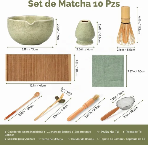 Vista 2 de Juego de 10 batidores de matcha, kit tradicional japonés de matcha con batidor de bambú, cuenco de cerámica para matcha con boquilla de vertido, kit