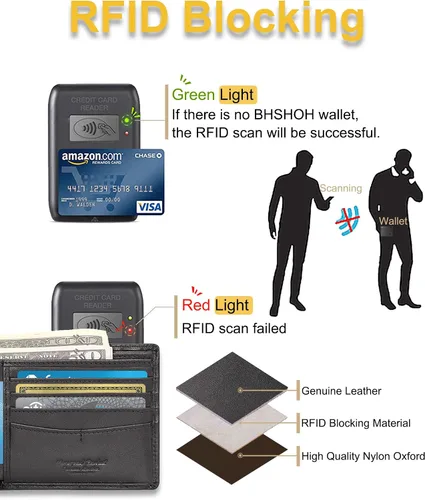Vista 5 de Cartera de cadena para hombre con bloqueo RFID de cuero genuino plegable, Negro -, Classic