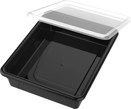 Vista 3 de Storex Bandeja de almacenamiento plana tamaño carta, contenedor organizador con tapa sin broches para aula, oficina y hogar, negro, paquete de 5