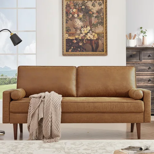 Vista 6 de 58" Loveseat Sofa Couch, Mid Century Modern Faux Leather Couch, Black Hand-Sewn Deep Love Seat & 2 Pillows, Home Sofa Living Room, Small Couches