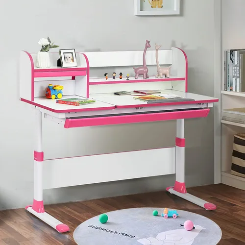 Vista 9 de Costzon Escritorio para niños, de 48 x 24 x 33 a 43 pulgadas, escritorio de estudio de altura ajustable con cajón, escritorio inclinado, estuche