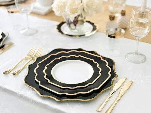 Vista 2 de Ocassions - Vajilla de 50-150-200 piezas para 25 invitados, color dorado E. Imperial Negro y Oro