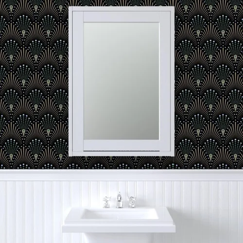 Vista 9 de Muestras de papel tapiz para despegar y pegar, ventilador Art Deco negro, verde, marrón, dorado, geométrico, puntos geométricos, papel tapiz