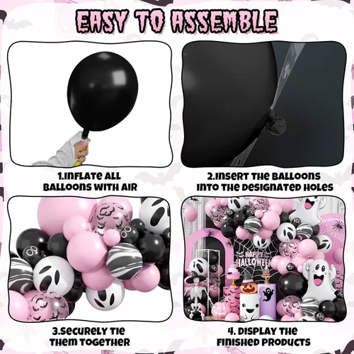 Vista 3 de Kit de guirnalda de arco de globos de Halloween, globos negros y rosados, globos de murciélago de aluminio fantasma para la familia, fondo de fiesta