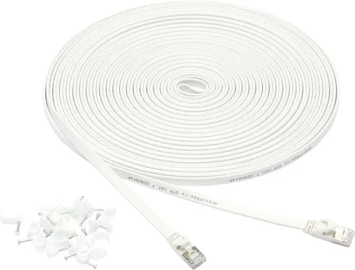 Vista 8 de Amazon Basics Cable de conexión Ethernet RJ45 Cat 7, plano, 600 MHz, sin enganches, incluye 15 clavos, 30 pies, color blanco