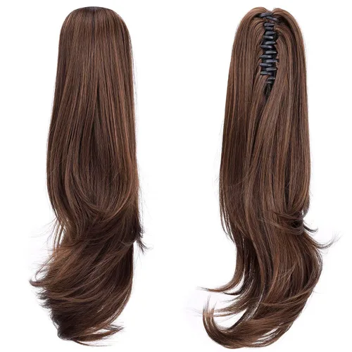 Vista 16 de Extensión de Cola de Caballo, Extensión de Cabello con Garra Larga de 20", Piezas de Cabello Sintético Ondulado Liso con Clip en Peluca de Cola