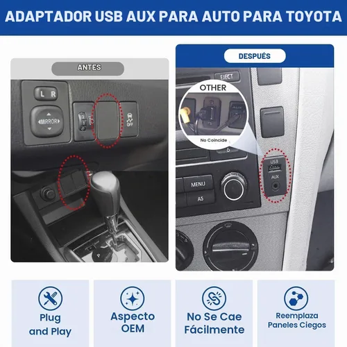 Vista 4 de Anina USB AUX Montaje empotrado para Toyota, cable de extensión AUX de 0.138 in para salpicadero de automóvil macho a hembra, adaptador de enchufe