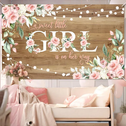 Vista 7 de Avezano Cartel rústico para baby shower con texto en inglés "A Sweet Little Girl is on Her Way", decoración de fiesta de baby shower, pancarta