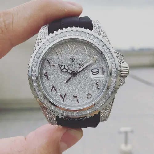 Vista 6 de Reloj de pulsera automático de acero inoxidable con diamantes brillantes helados, BlancoDorado, 40mm