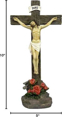 Vista 3 de JORAE Estatua de crucifijo de Jesús, decoración de cruz de pie, figura religiosa religiosa de Jesucristo, exhibición católica de resina, decoración