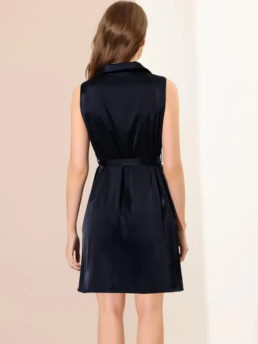 Vista 3 de Allegra K Vestidos de satén para mujer, cuello de punto, con cinturón, con botones, sin mangas, vestido camisero