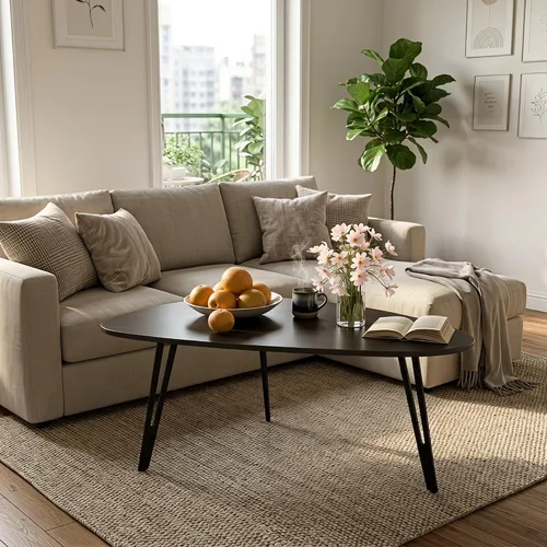 Vista 2 de Manora Mesa de Café Moderna y Simple de Madera con Patas de Metal Negro, Mesa de Té Ovalada para Sala de Estar u Oficina, Mesa Central Compacta