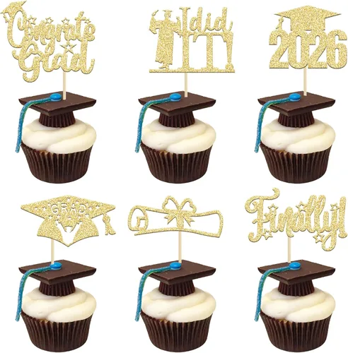 Vista 23 de Paquete de 24 adornos para cupcakes de clase 2026 con purpurina 2026 Felicidades Graduación Diploma Done Cupcake Picks 2026 Graduación Temática
